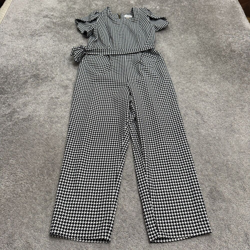Calvin Klein Short Sleeve Belted Jumpsuit Womens 8 Black White Houndstooth NWOT